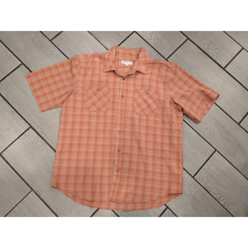 ORVIS Mens Plaid Short Sleeve Button Up Shirt Peach XL Casual Outdoor